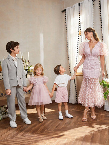 Women Pink Short Bubble Sleeves 3D Butterfly Open Back Elegant Mermaid Cocktail Party Dress