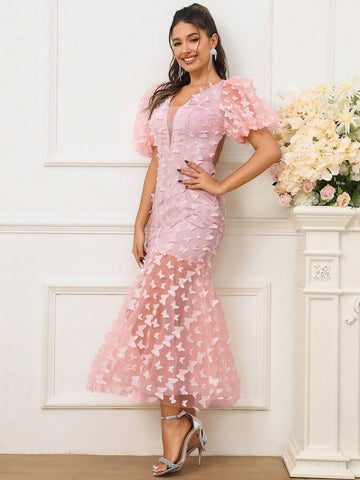 Women Pink Short Bubble Sleeves 3D Butterfly Open Back Elegant Mermaid Cocktail Party Dress