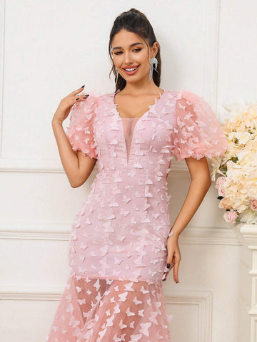 Women Pink Short Bubble Sleeves 3D Butterfly Open Back Elegant Mermaid Cocktail Party Dress