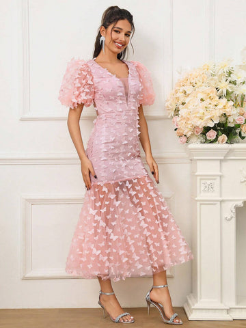 Women Pink Short Bubble Sleeves 3D Butterfly Open Back Elegant Mermaid Cocktail Party Dress