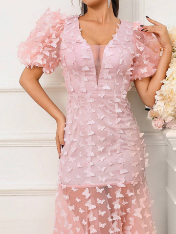 Women Pink Short Bubble Sleeves 3D Butterfly Open Back Elegant Mermaid Cocktail Party Dress