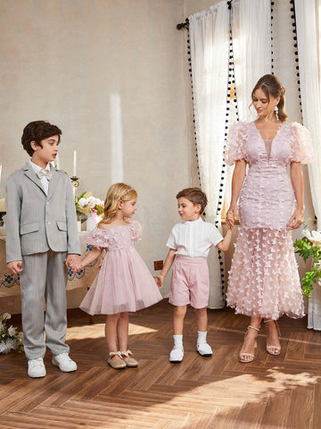 Women Pink Short Bubble Sleeves 3D Butterfly Open Back Elegant Mermaid Cocktail Party Dress