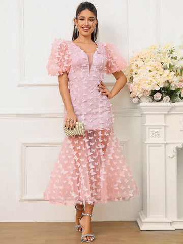 Women Pink Short Bubble Sleeves 3D Butterfly Open Back Elegant Mermaid Cocktail Party Dress