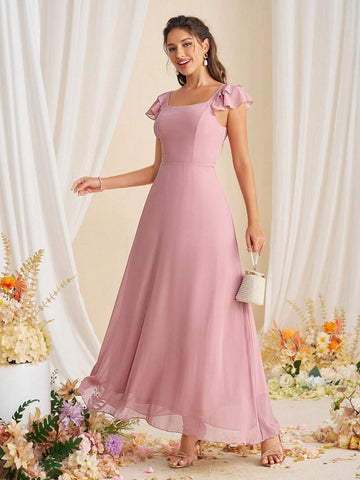 Women Pure Color Ruffle Trim Simple And Versatile Bridesmaid Dress For Spring/Summer