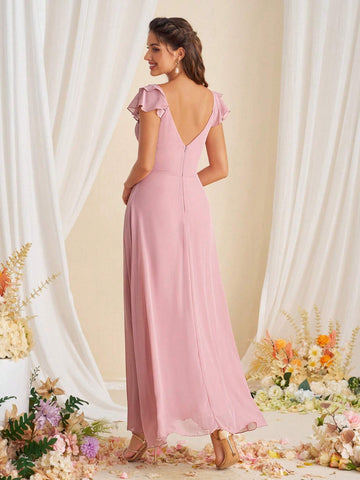 Women Pure Color Ruffle Trim Simple And Versatile Bridesmaid Dress For Spring/Summer