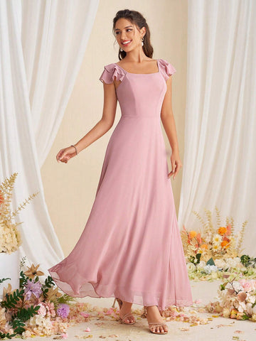 Women Pure Color Ruffle Trim Simple And Versatile Bridesmaid Dress For Spring/Summer
