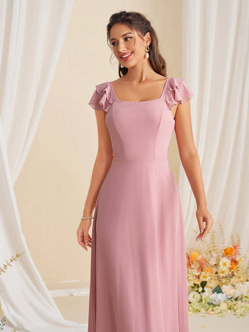 Women Pure Color Ruffle Trim Simple And Versatile Bridesmaid Dress For Spring/Summer