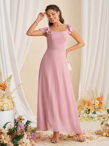 Women Pure Color Ruffle Trim Simple And Versatile Bridesmaid Dress For Spring/Summer