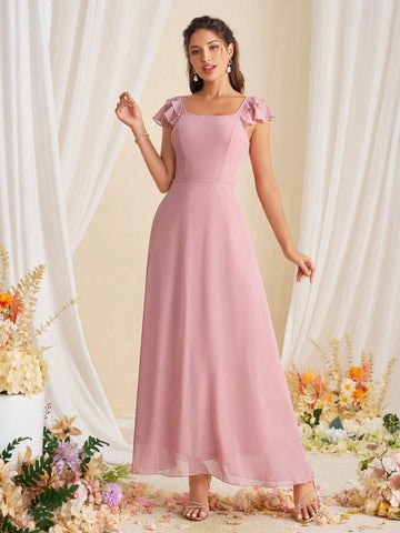 Women Pure Color Ruffle Trim Simple And Versatile Bridesmaid Dress For Spring/Summer