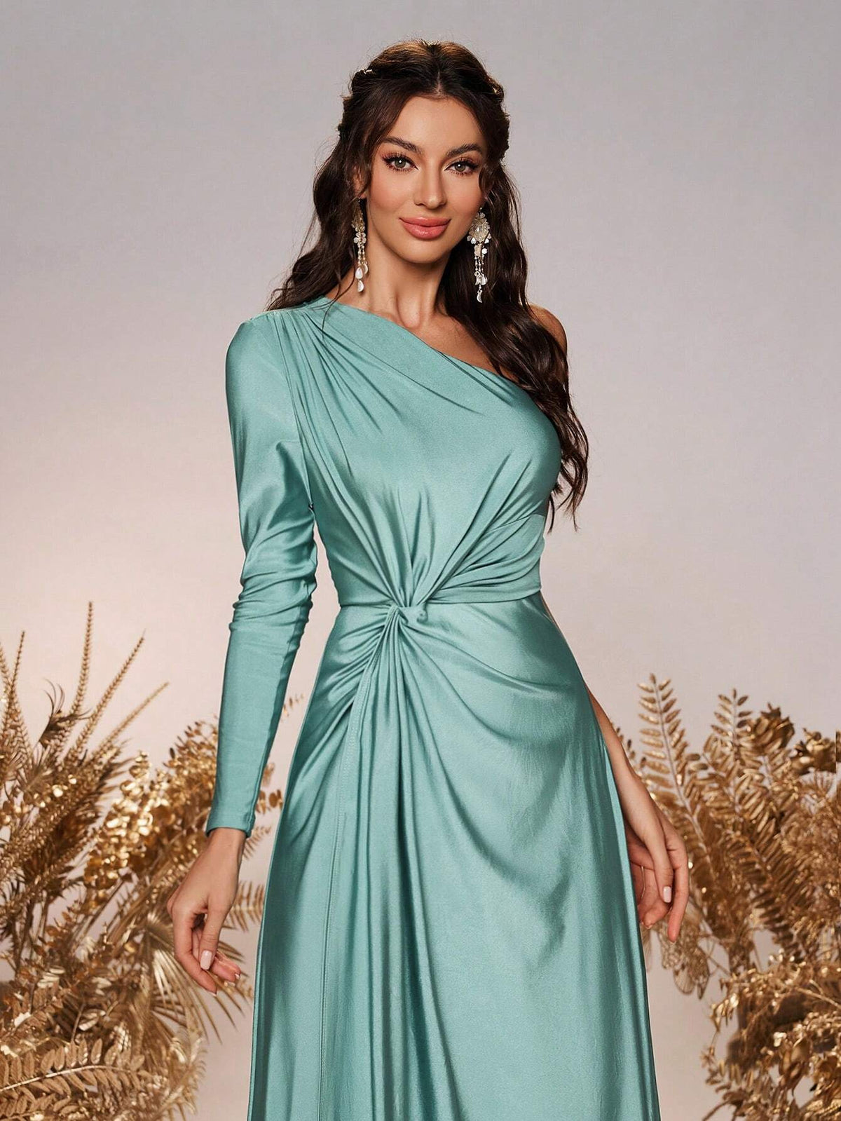Women Romantic Elegant Green Stretchy Knit Fabric Long Sleeve One Shoulder Twist Loose A-Line Bridesmaid Dress