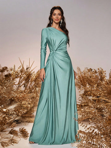 Women Romantic Elegant Green Stretchy Knit Fabric Long Sleeve One Shoulder Twist Loose A-Line Bridesmaid Dress