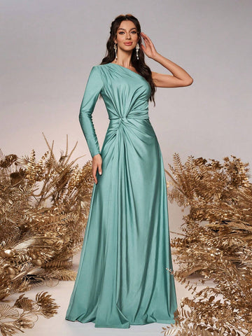 Women Romantic Elegant Green Stretchy Knit Fabric Long Sleeve One Shoulder Twist Loose A-Line Bridesmaid Dress