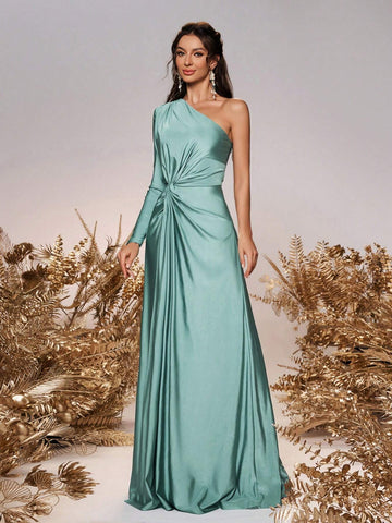 Women Romantic Elegant Green Stretchy Knit Fabric Long Sleeve One Shoulder Twist Loose A-Line Bridesmaid Dress