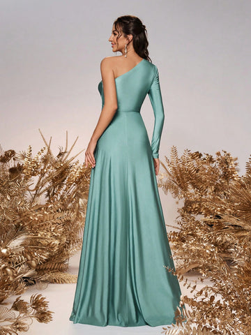Women Romantic Elegant Green Stretchy Knit Fabric Long Sleeve One Shoulder Twist Loose A-Line Bridesmaid Dress