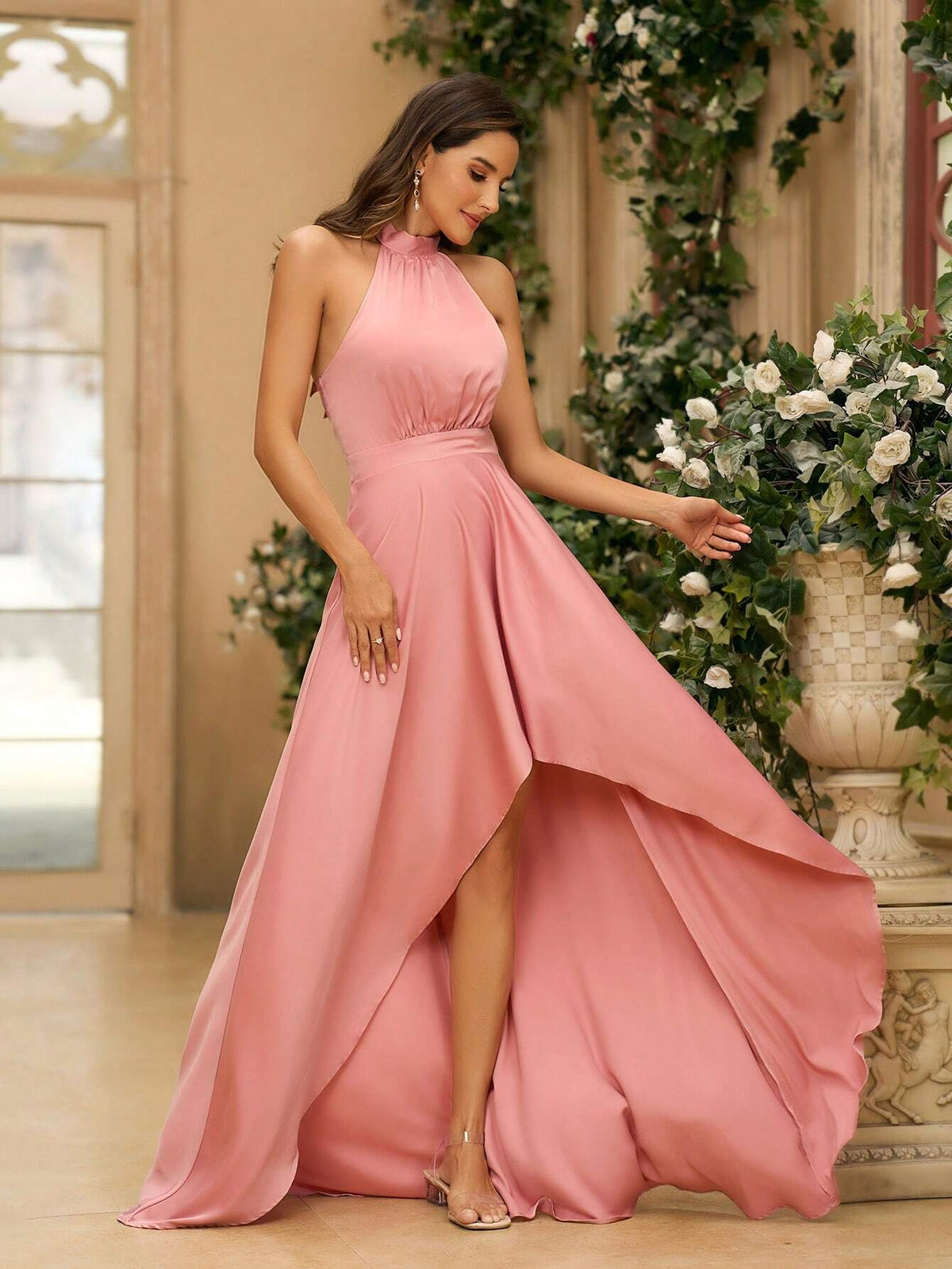 Women Romantic Pink Satin Strap Irregular Hem Off-The-Shoulder Bow Detail Maxi Bridesmaid Dress