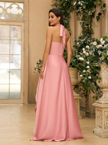 Women Romantic Pink Satin Strap Irregular Hem Off-The-Shoulder Bow Detail Maxi Bridesmaid Dress