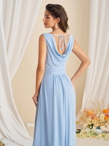 Women Sleeveless Elegant Bridesmaid Dress With Overlapping V-Neckline And Floor-Length