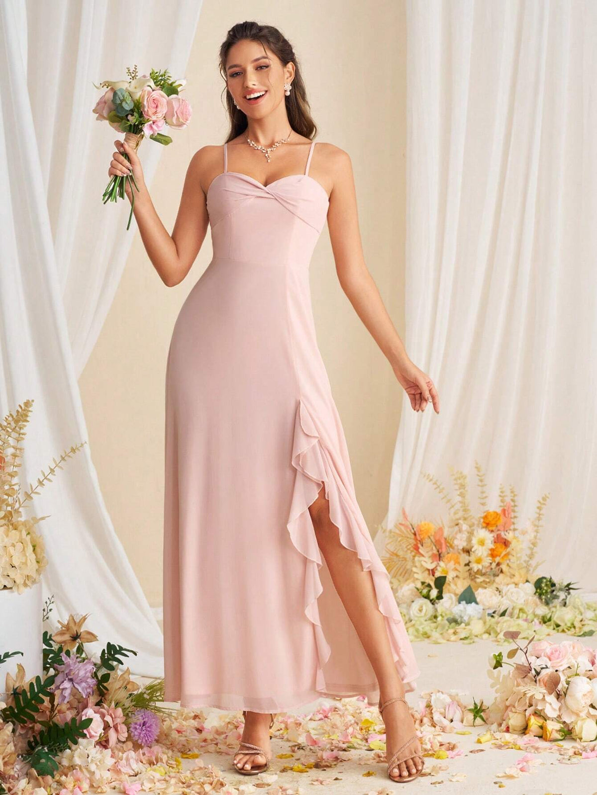 Women Slit Spaghetti Strap Chiffon Bridesmaid Dress