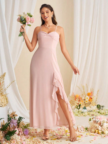 Women Slit Spaghetti Strap Chiffon Bridesmaid Dress