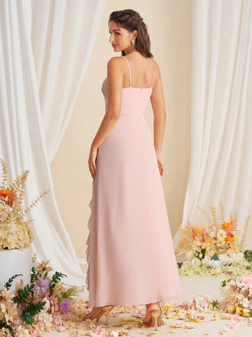 Women Slit Spaghetti Strap Chiffon Bridesmaid Dress
