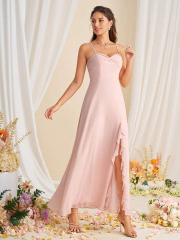 Women Slit Spaghetti Strap Chiffon Bridesmaid Dress