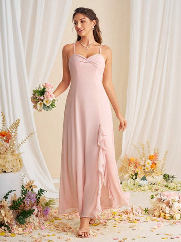 Women Slit Spaghetti Strap Chiffon Bridesmaid Dress