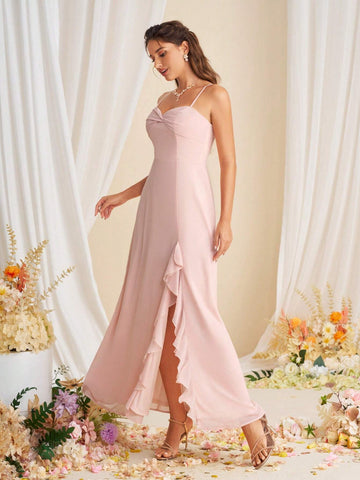 Women Slit Spaghetti Strap Chiffon Bridesmaid Dress