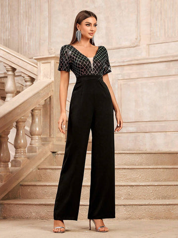 Women Sparkly Plaid Pattern Short Sleeve Wide Leg Party Jumpsuit For Summer