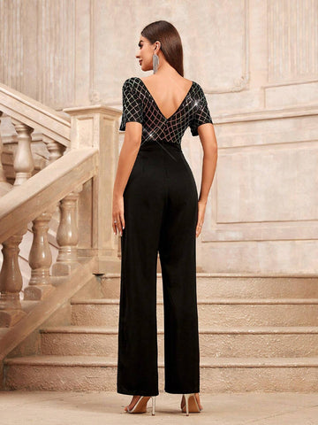 Women Sparkly Plaid Pattern Short Sleeve Wide Leg Party Jumpsuit For Summer