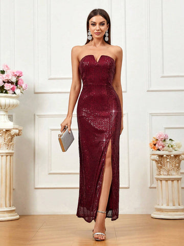 Women Stylish And Elegant Split Evening Party Dress