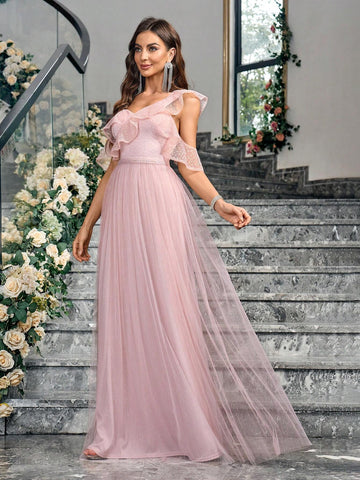 Women's Asymmetrical Neck Ruffled Transparent Sequined Evening Dress