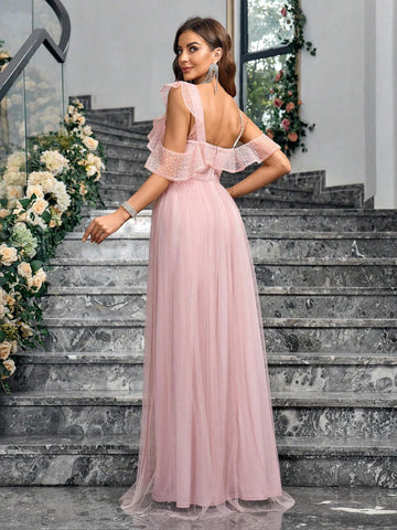 Women's Asymmetrical Neck Ruffled Transparent Sequined Evening Dress