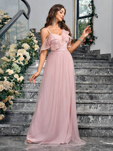 Women's Asymmetrical Neck Ruffled Transparent Sequined Evening Dress