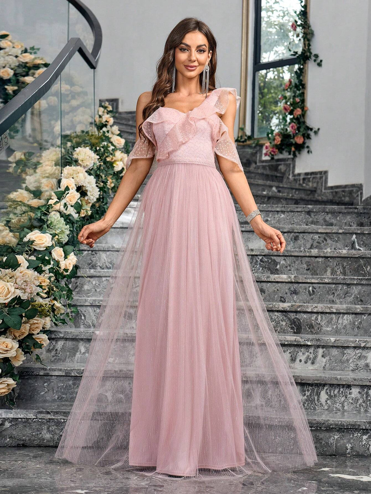 Women's Asymmetrical Neck Ruffled Transparent Sequined Evening Dress