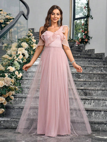 Women's Asymmetrical Neck Ruffled Transparent Sequined Evening Dress