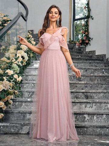 Women's Asymmetrical Neck Ruffled Transparent Sequined Evening Dress