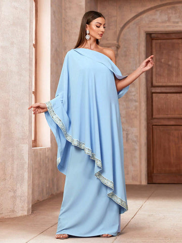 Women's Asymmetrical Neckline Sequin Detailing Ribbon Waist Batwing Sleeve Bridesmaid Dress