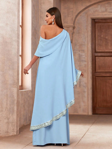 Women's Asymmetrical Neckline Sequin Detailing Ribbon Waist Batwing Sleeve Bridesmaid Dress