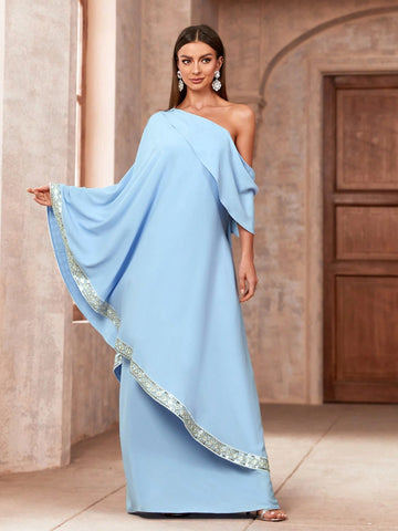 Women's Asymmetrical Neckline Sequin Detailing Ribbon Waist Batwing Sleeve Bridesmaid Dress