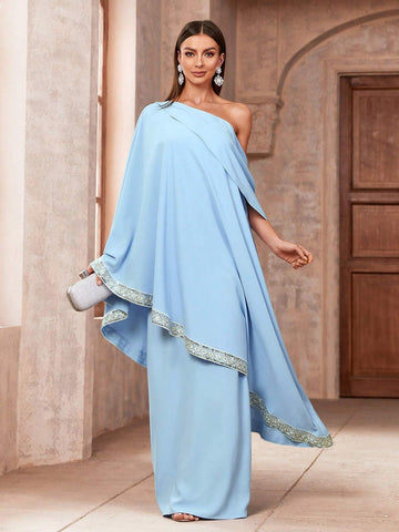 Women's Asymmetrical Neckline Sequin Detailing Ribbon Waist Batwing Sleeve Bridesmaid Dress