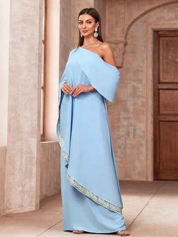 Women's Asymmetrical Neckline Sequin Detailing Ribbon Waist Batwing Sleeve Bridesmaid Dress