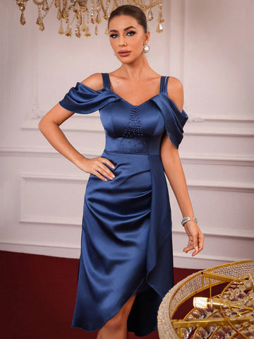 Women's Beaded Decoration Open Shoulder Party Dress