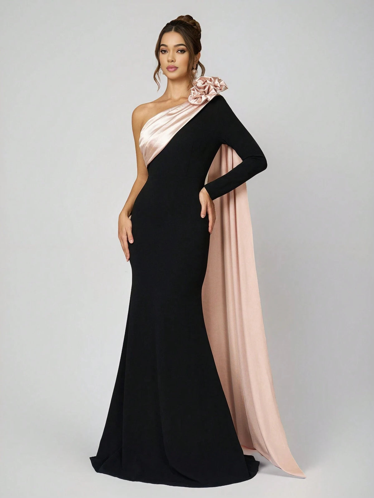 Women's Black Knitted Patchwork Textured 3D Floral Waist Fitted Bodycon Evening Dress