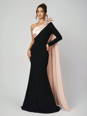 Women's Black Knitted Patchwork Textured 3D Floral Waist Fitted Bodycon Evening Dress