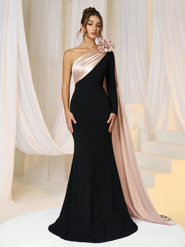 Women's Black Knitted Patchwork Textured 3D Floral Waist Fitted Bodycon Evening Dress