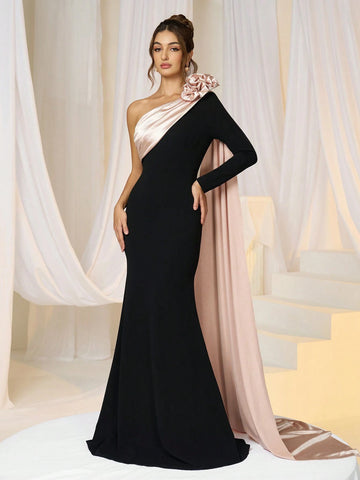 Women's Black Knitted Patchwork Textured 3D Floral Waist Fitted Bodycon Evening Dress