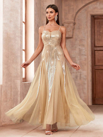 Women's Bridesmaid Dress, Spaghetti Straps, Sequined Mesh With Tiered Hem