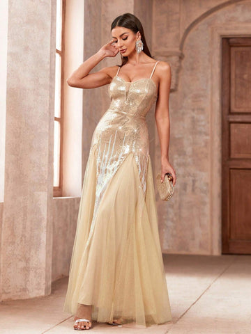 Women's Bridesmaid Dress, Spaghetti Straps, Sequined Mesh With Tiered Hem