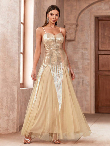 Women's Bridesmaid Dress, Spaghetti Straps, Sequined Mesh With Tiered Hem