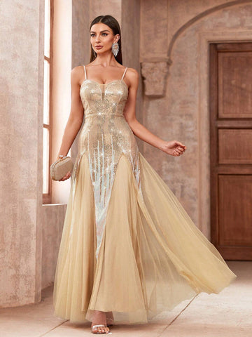 Women's Bridesmaid Dress, Spaghetti Straps, Sequined Mesh With Tiered Hem